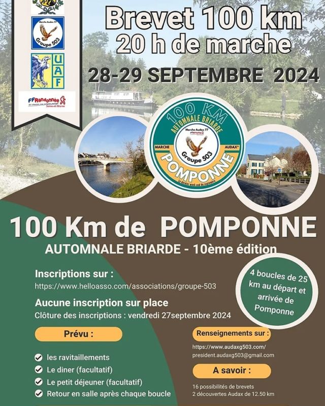 samedi 28 septembre 2024

100 KM de POMPONNE - Automnale briarde

Le groupe 503 vous invite à participer à cette nouvelle édition pour 2024

Plusieurs distances : 25, 50, 75 et 100 km

Informations : 

https://www.audaxg503.com/inscriptions-automnale-briarde

 #ffrandonnee #iloverando #rando77 #dansle77 #randonee #seineetmarne #seineetmarne77 #rando #randonnée